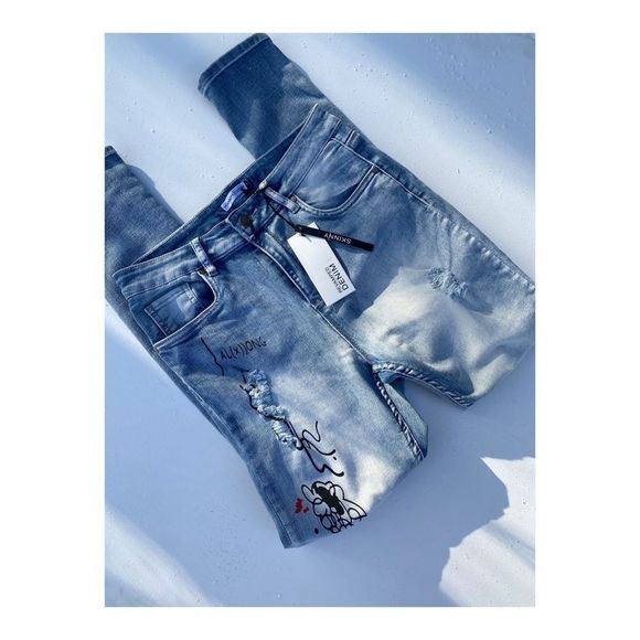 Revamped High Rise Jeans Skinny Distressed Painted - Picture 2 of 8